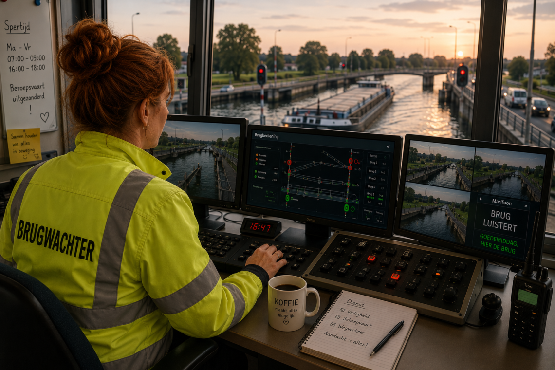 Bridge supervisor in a high-visibility jacket operates a canal control desk with multiple screens at sunset, monitoring traffic.