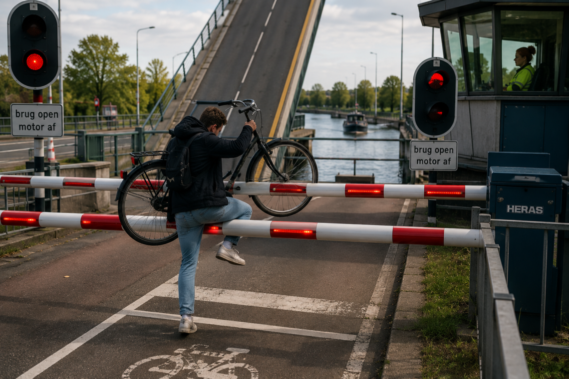 Man lifts a bicycle over a lowered barrier at a canal crossing while a small boat waits in the waterway behind him.