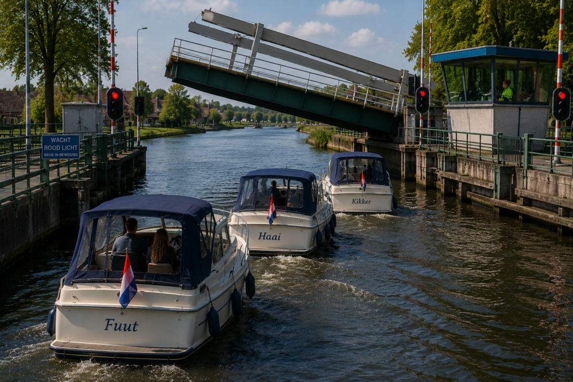 Three motorboats with blue canopies travel through a canal lock as a drawbridge rises overhead, with a red signal light visible on the left.