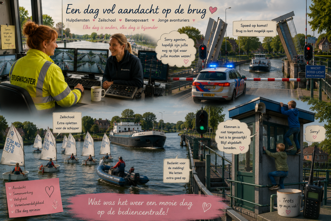 Collage of a canal lock: two operators at a control desk, a raised bridge, boats, and kids near the guardhouse with Dutch safety messages.
