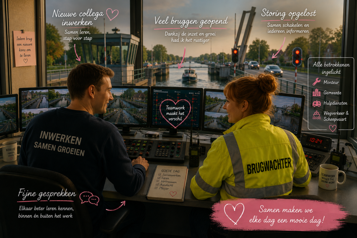 Two operators sit in a control booth overlooking a river traffic scene, monitoring multiple screens as they collaborate to manage traffic flow and safety.