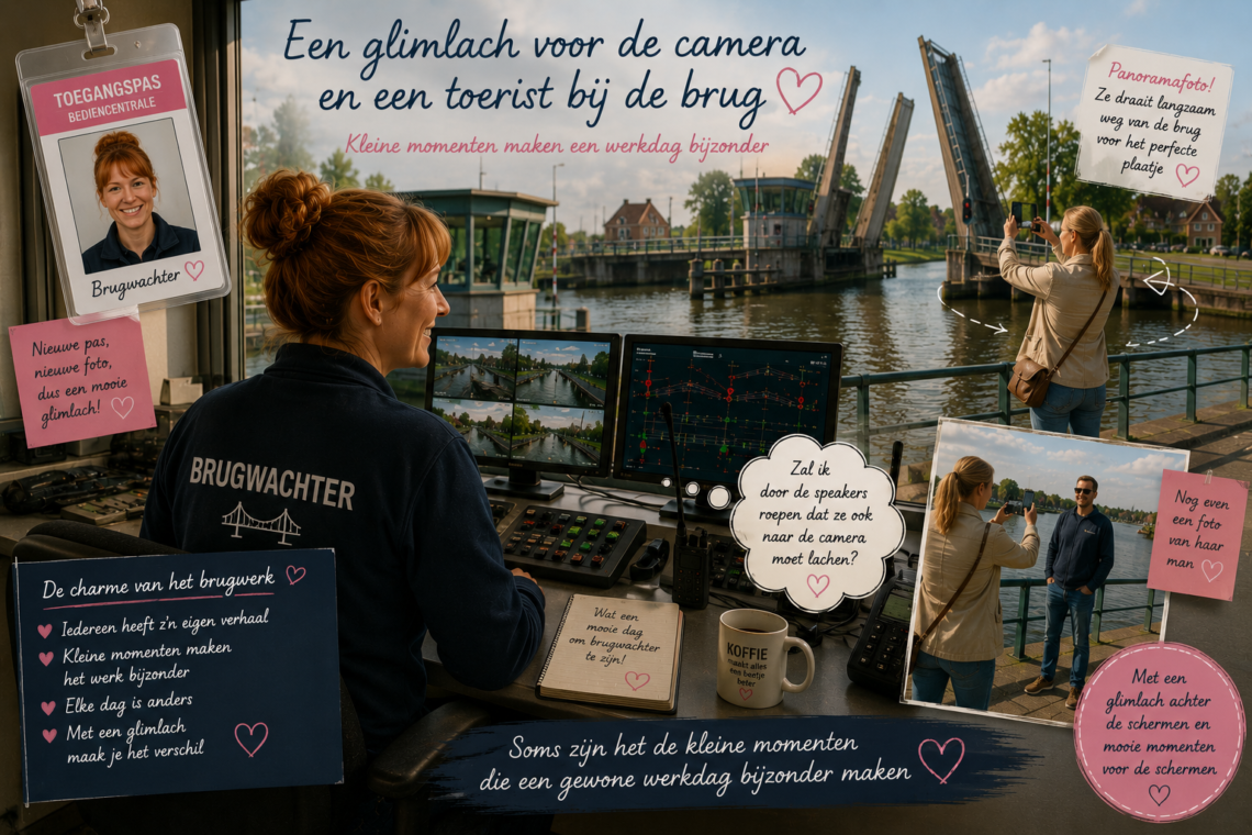 Brugwachter bij een sluiscontrolepaneel met meerdere monitors en posters op de achtergrondk.